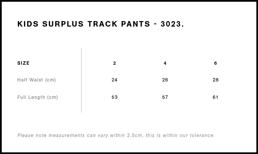 Kids Supply Track Pants 3023S - Size guide