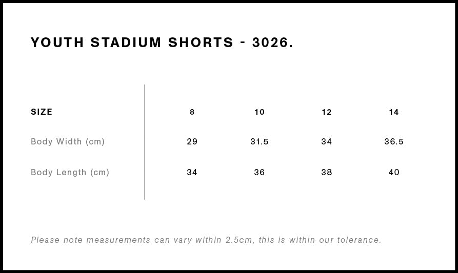 Youth Stadium Shorts 3026 - Size guide
