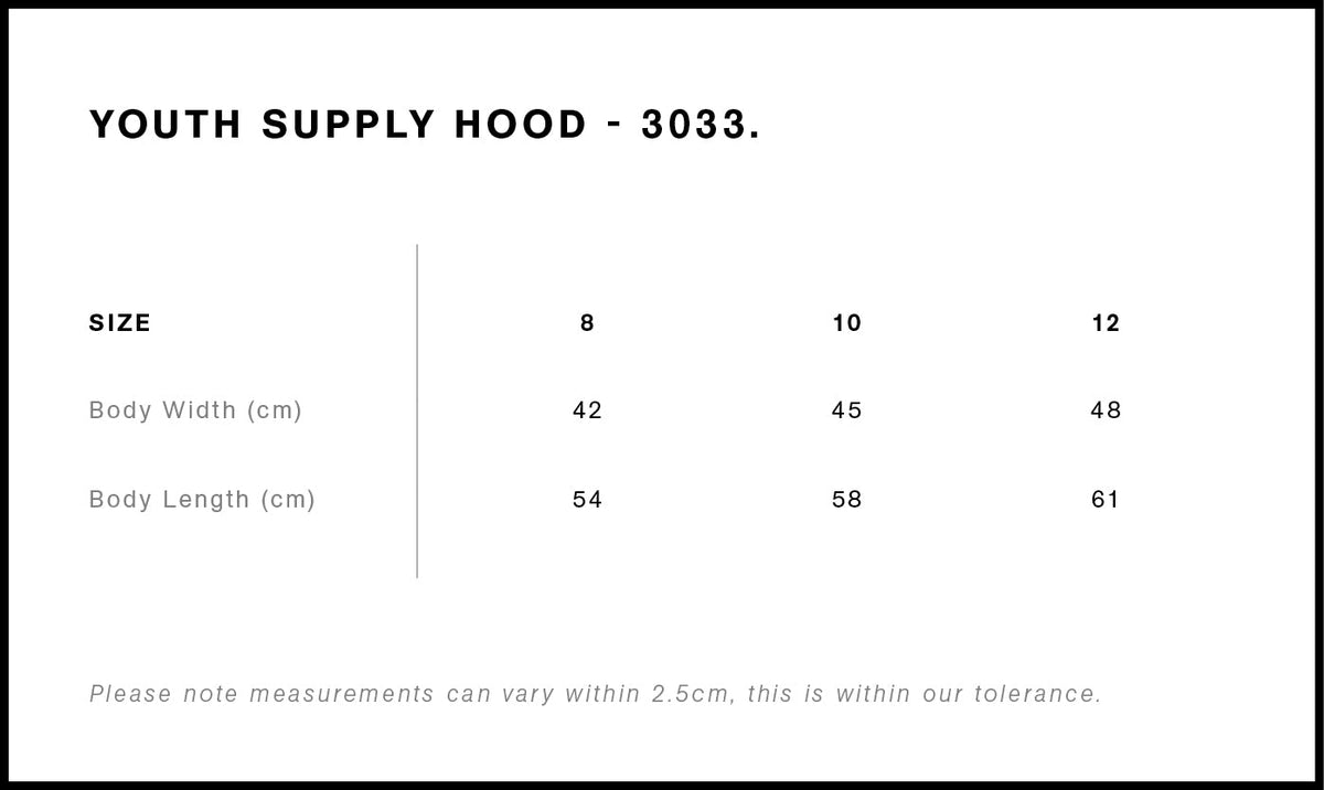 Youth Supply Hood 3033 - Size guide