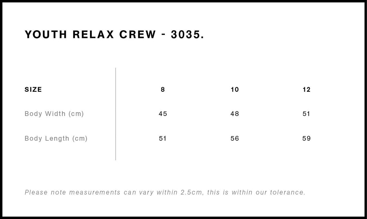 Youth Relax Crew 3035 - Size guide