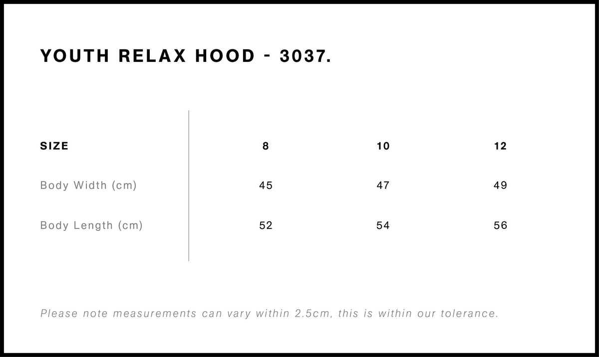 Youth Relax Hood 3037 - Size guide