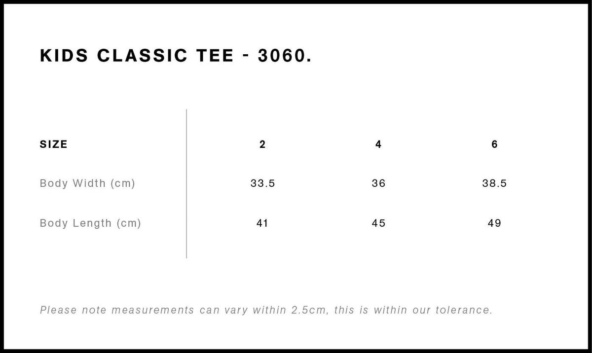 Kids Classic Tee 3060 - Size guide