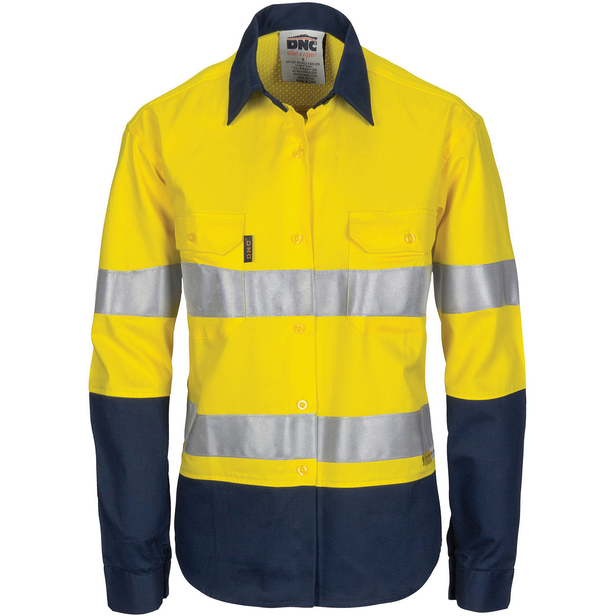 DNC Workwear Ladies HiVis 3 Way Cool-Breeze Cotton Shirt with Gusset Sleeve, CSR R/Tape - Long Sleeve 3749
