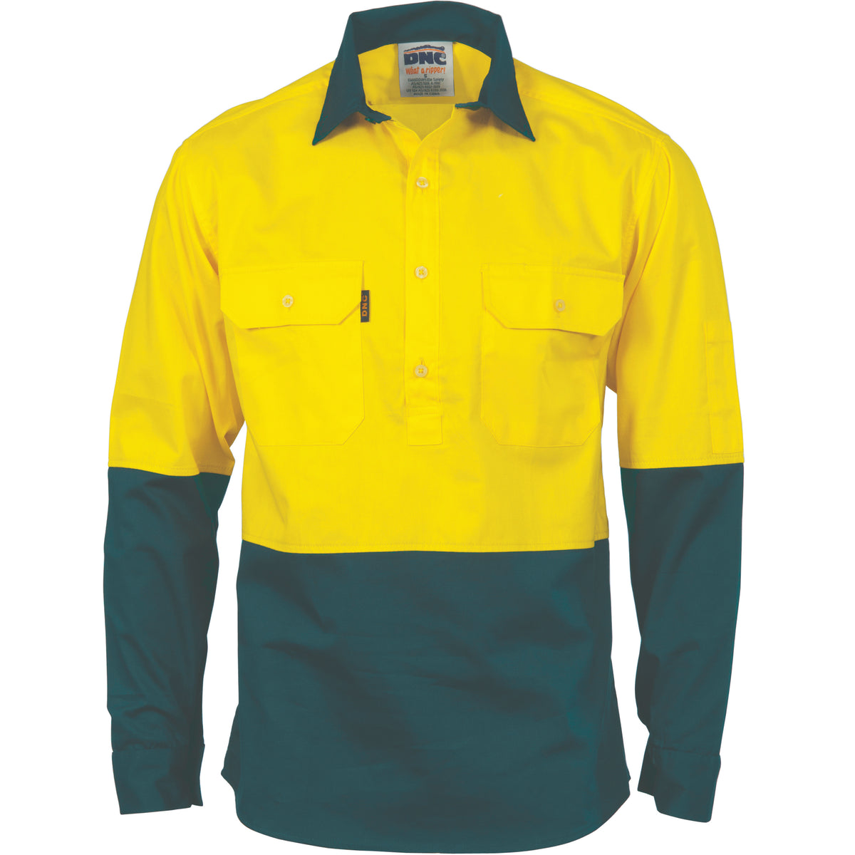 DNC Workwear HiVis Two Tone Close Front Cotton Drill Shirt with Gusset Sleeve - Long Sleeve 3834