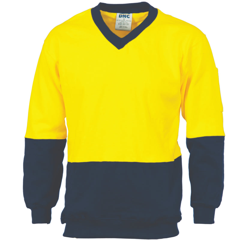 DNC Workwear HiVis Two Tone Cotton Fleecy Sweatshirt V-Neck 3922