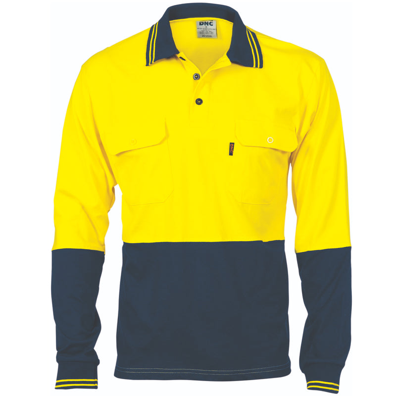 DNC Workwear HiVis Cool-Breeze Two Tone Cotton Jersey Polo Shirt with Twin Chest Pocket - L/S 3944