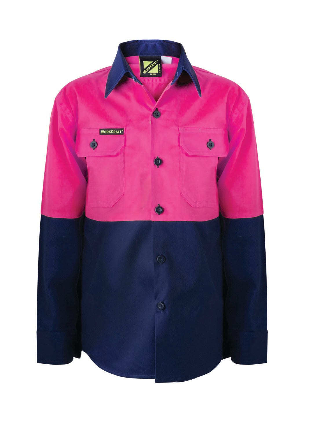 Kids Lightweight Long Sleeve Cotton Drill Shirt - Pink Navy - Front