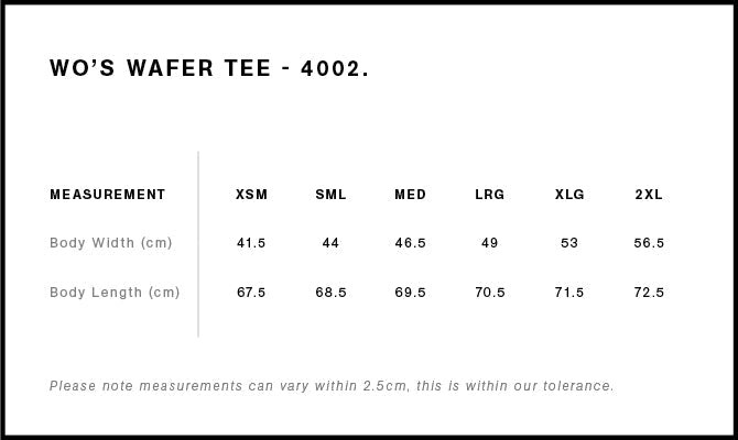 Wo's Wafer Tee 4002A - Size guide
