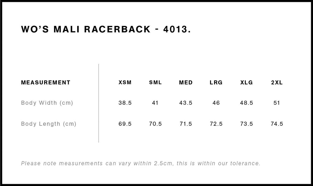 Wo's Mali Racerback 4013 - Size guide