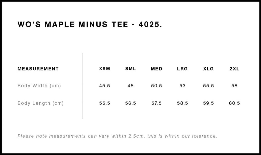 Wo's Maple Minus Tee [-8cm] 4025 - Size guide