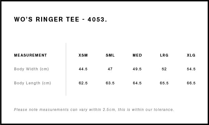 Wo's Maple Ringer Tee 4053 - Size guide