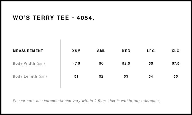 Wo's Terry Tee 4054S - Size guide