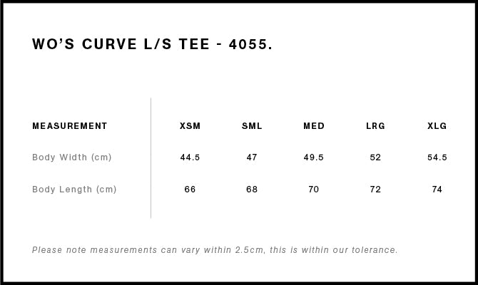 Wo's Curve L/S Tee 4055S - Size guide