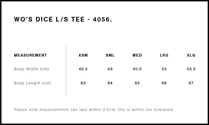 Wo's Dice L/S Tee 4056S - Size guide