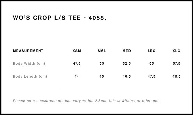 Wo's Crop L/S Tee 4058S - Size guide