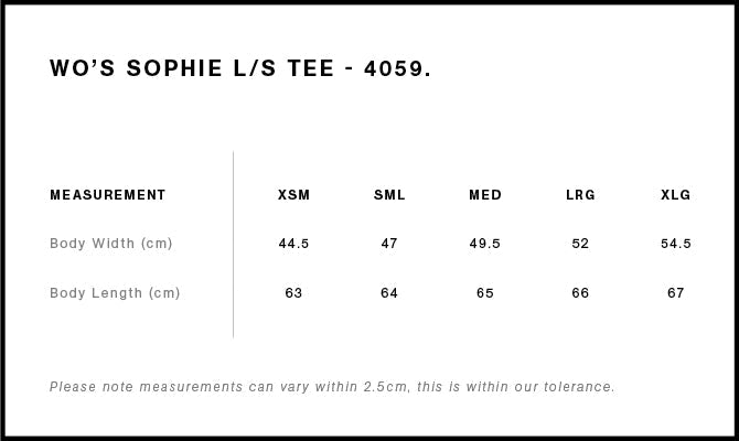 Wo's Sophie L/S Tee 4059S - Size guide
