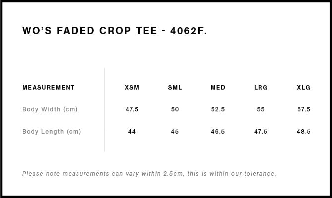 Wo's Faded Crop Tee 4062FS - Size guide