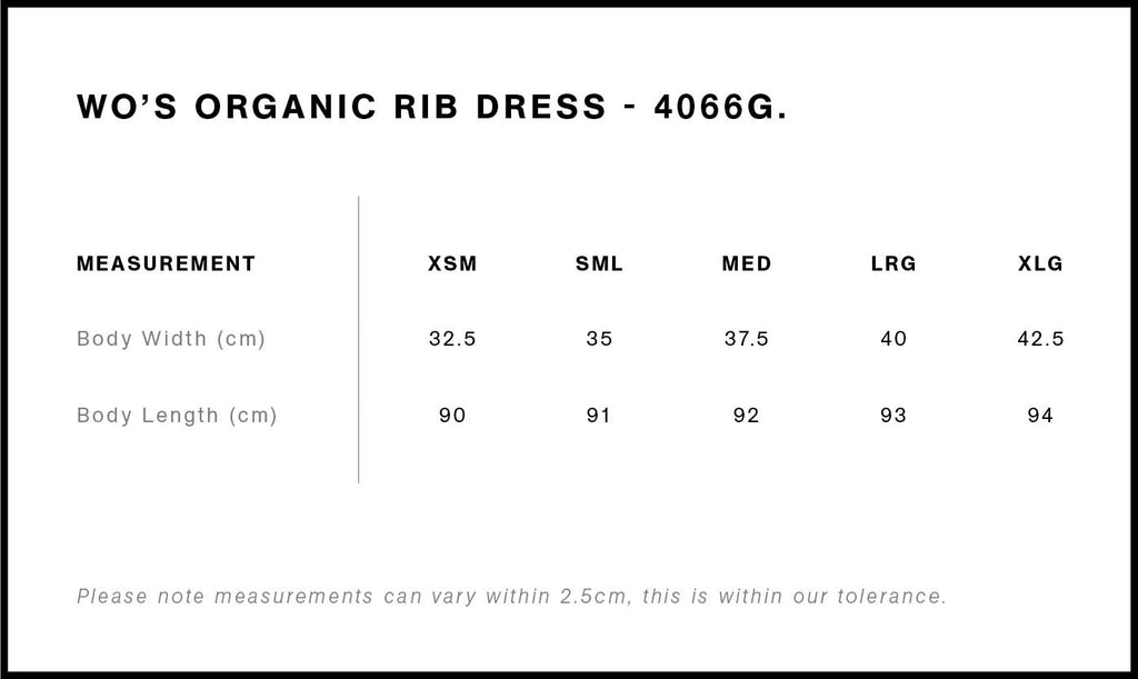 Wo's Organic Rib Dress 4066GS - Size guide