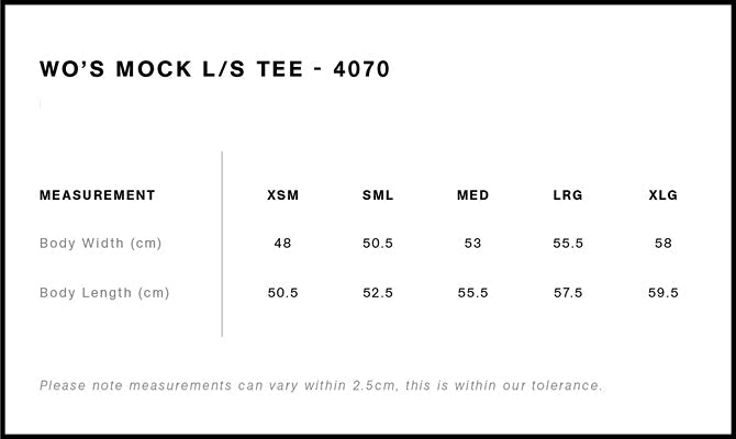 Wo's Mock L/S Tee 4070S - Size guide