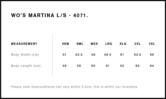 Wo's Martina L/S Tee 4071S - Size guide
