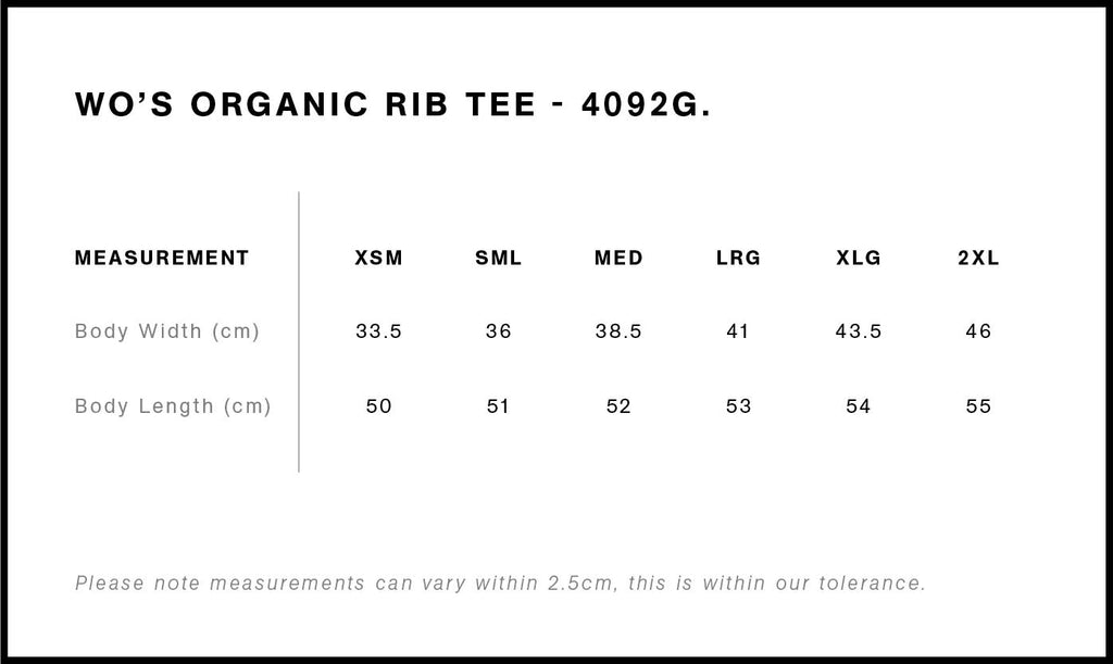 Wo's Organic Rib Tee 4092G - Size guide