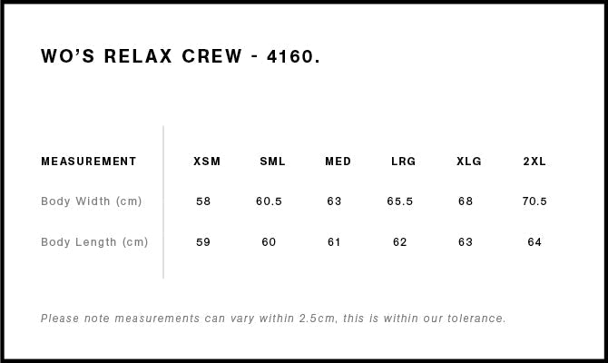 Wo's Relax Crew 4160S - Size guide
