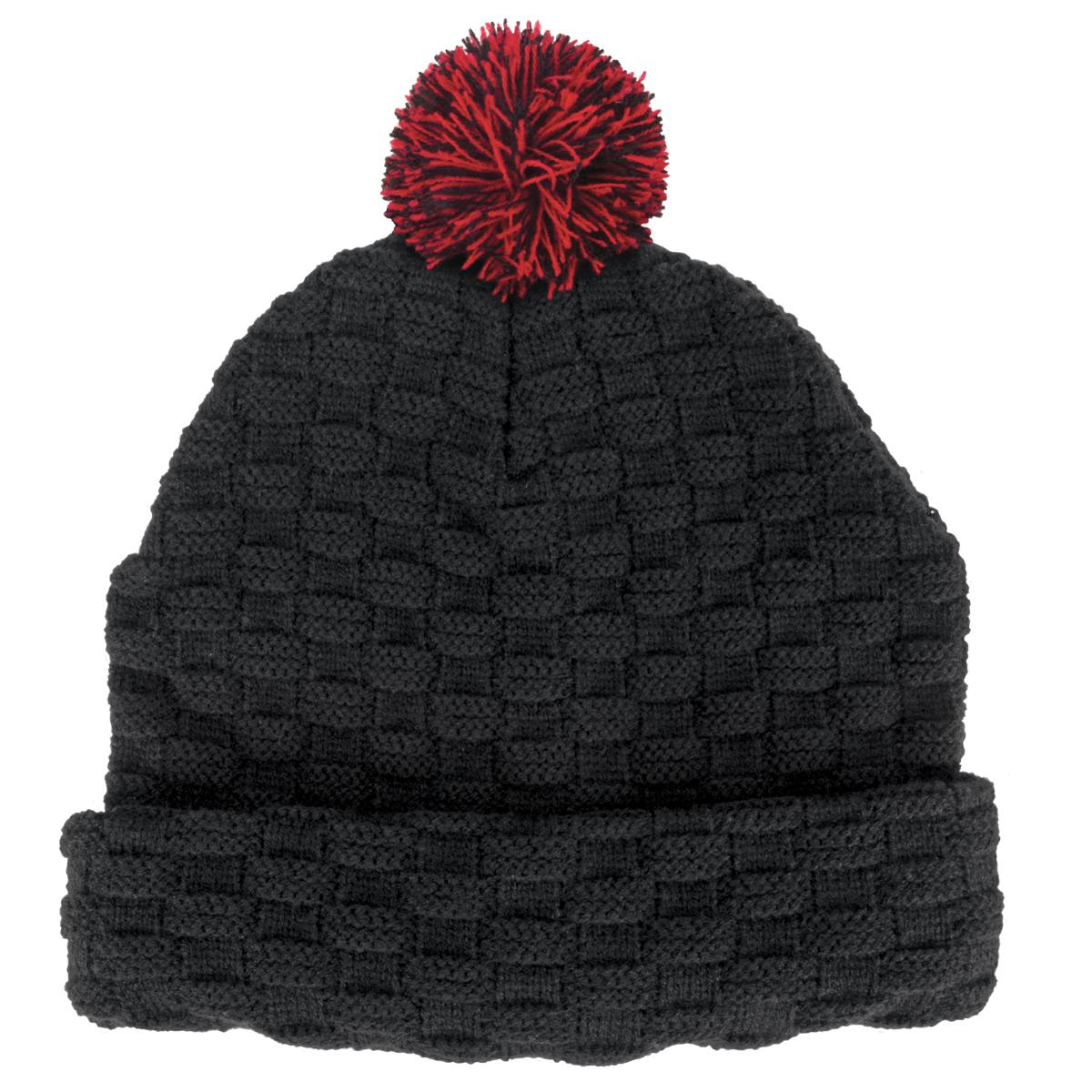 Pom Pom Beanie - Black / Black / Red - Front