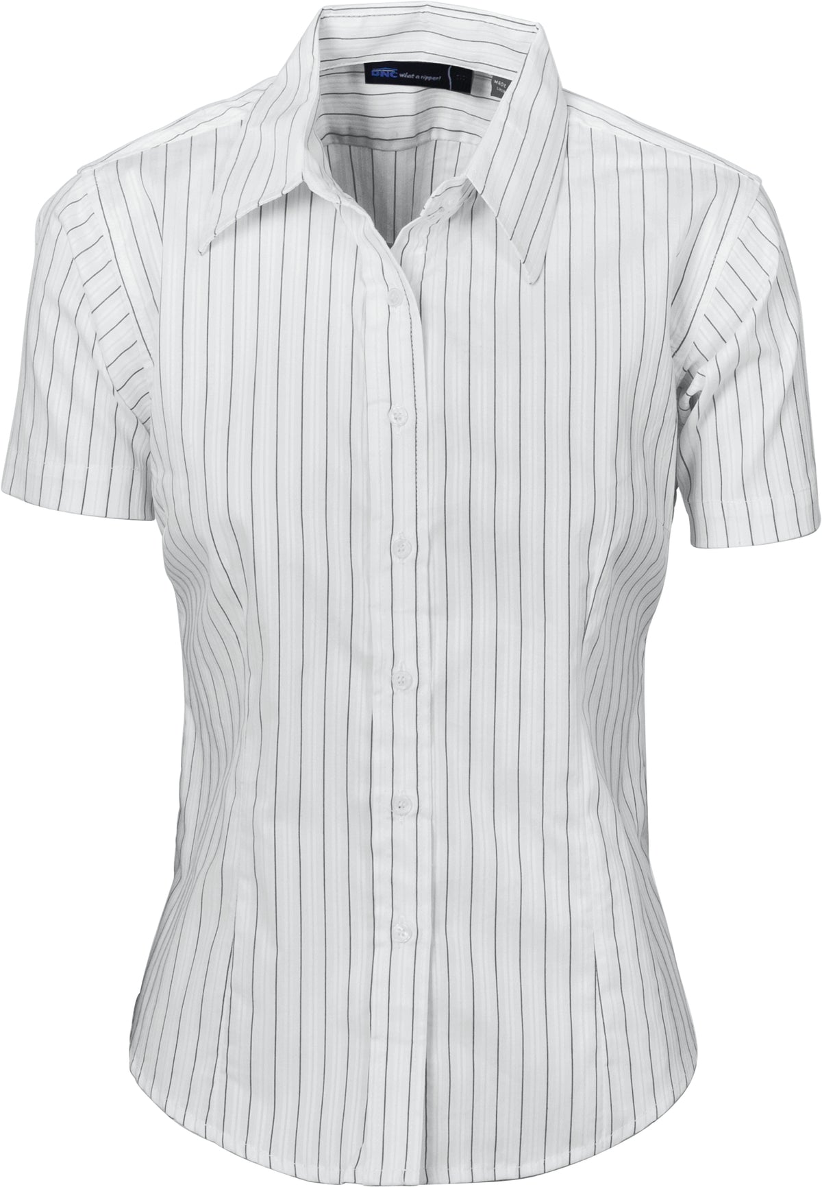 DNC Workwear Ladies Stretch Yarn Dyed Contrast Stripe Sh irts -Short Sleeve 4233