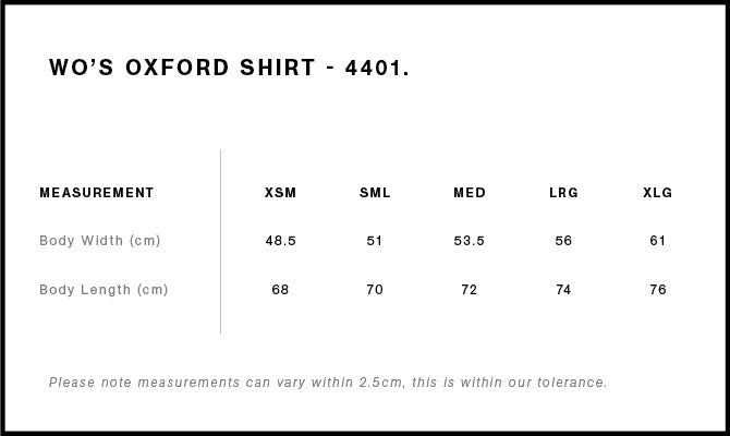Wo's Oxford Shirt 4401 - Size guide