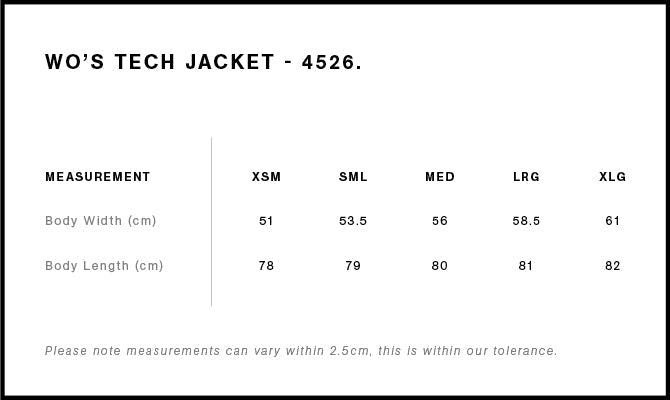 Wo's Tech Jacket 4526 - Size guide
