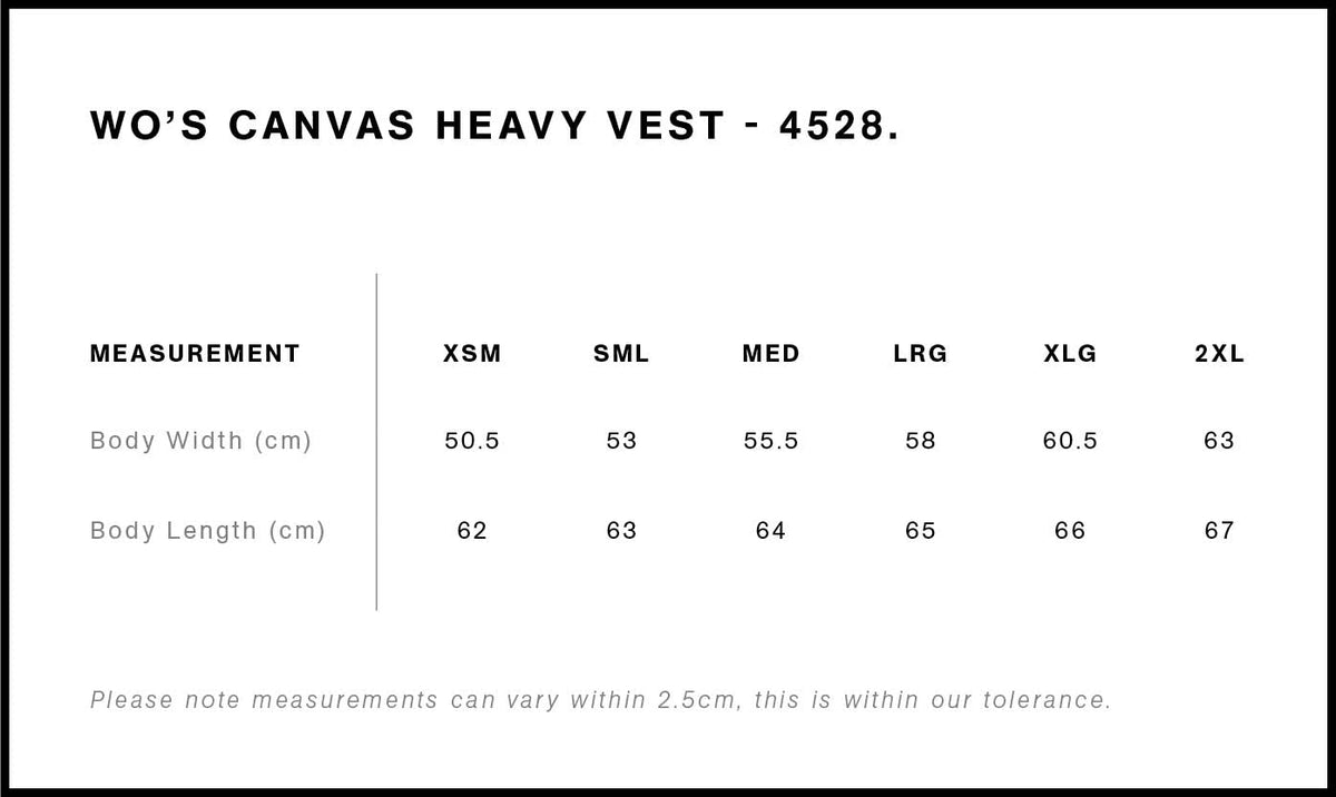 Wo's Canvas Heavy Vest 4528 - Size guide