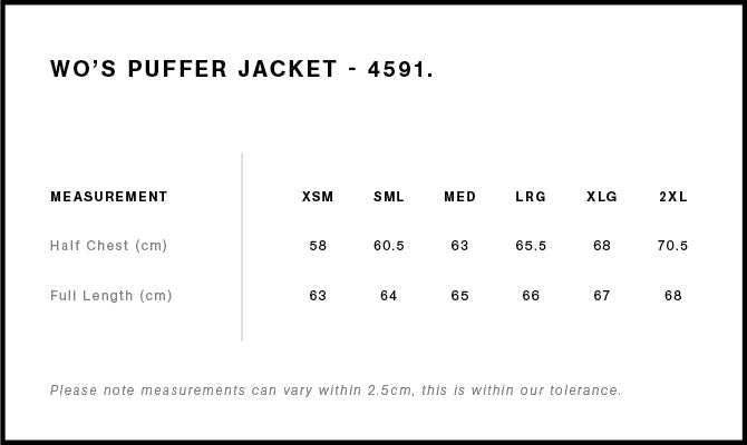 Wo's Puffer Jacket 4591 - Size guide