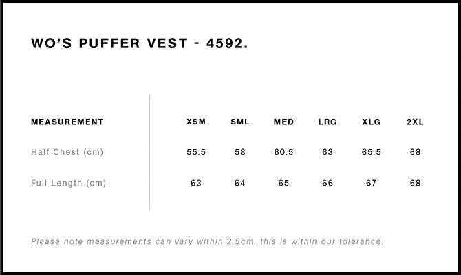 Wo's Puffer Vest 4592 - Size guide