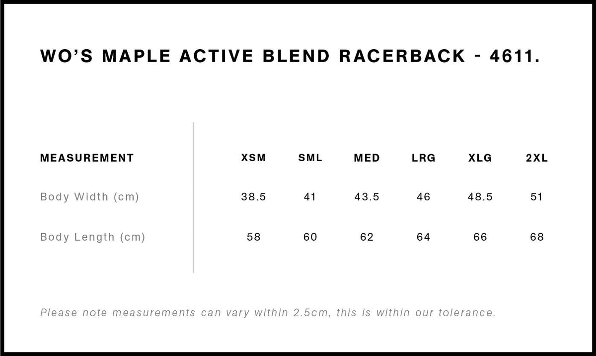 Wo's Maple Active Blend Racerback 4611S - Size guide