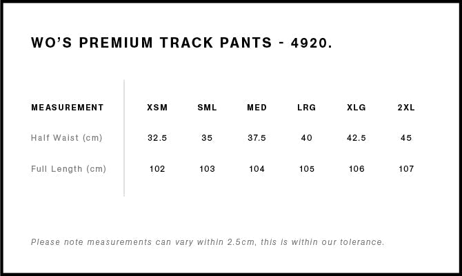 Wo's Premium Track Pants 4920S - Size guide