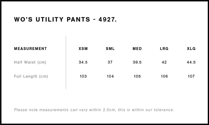 Wo's Utility Pants 4927S - Size guide