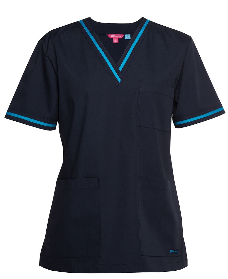 JB's Ladies Contrast Scrubs Top - Navy/Aqua - Front