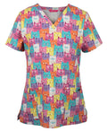 JB's Ladies Scrub Top Printed - Cat - Front