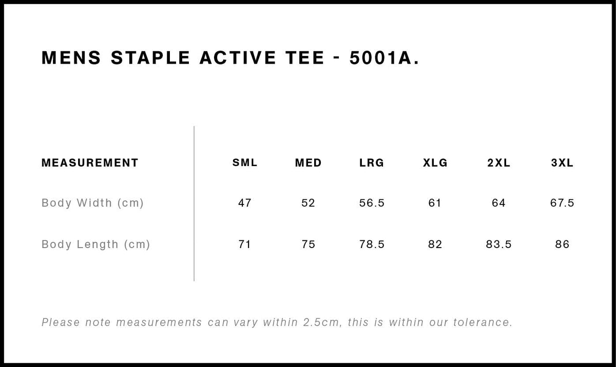 Staple Active Tee 5001A - Size guide