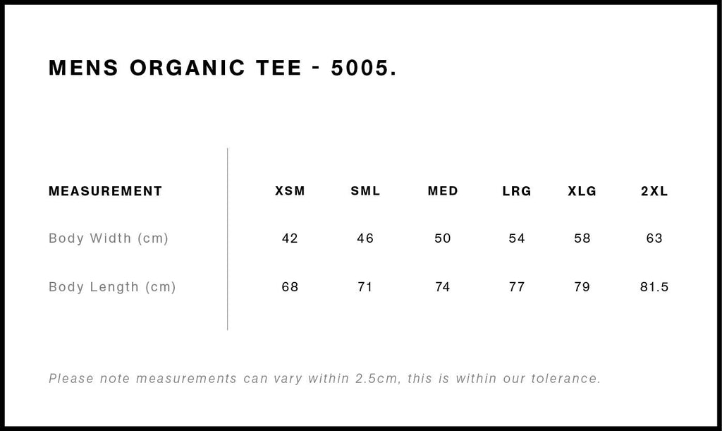 Organic Tee 5005S - Size guide