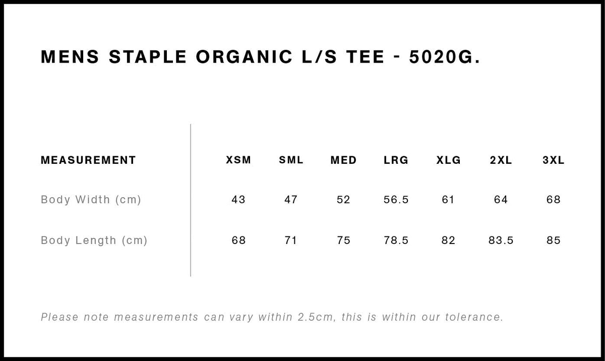 Staple Organic L/S Tee 5020G - Size guide