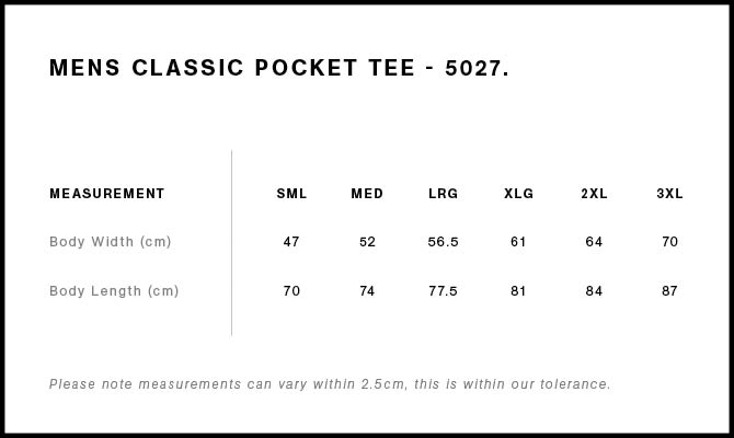 Classic Pocket Tee 5027 - Size guide