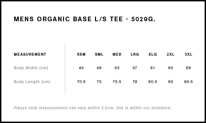 Base Organic L/S Tee 5029G - Size guide