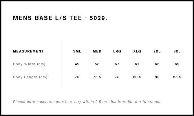 Base L/S Tee 5029 - Size guide