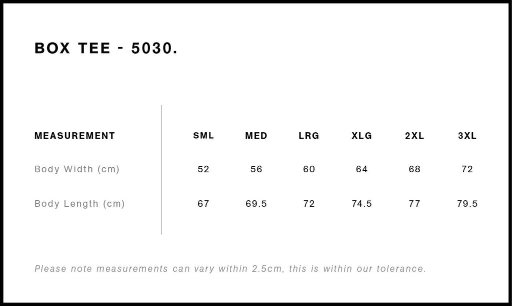 Box Tee 5030 - Size guide