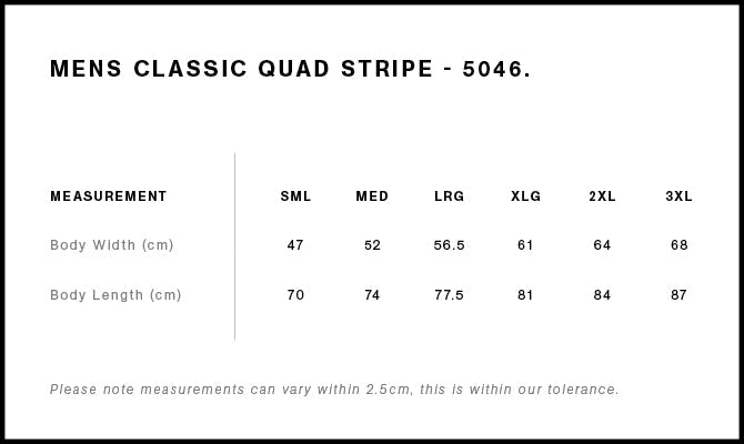 Classic Quad Stripe Tee 5046 - Size guide