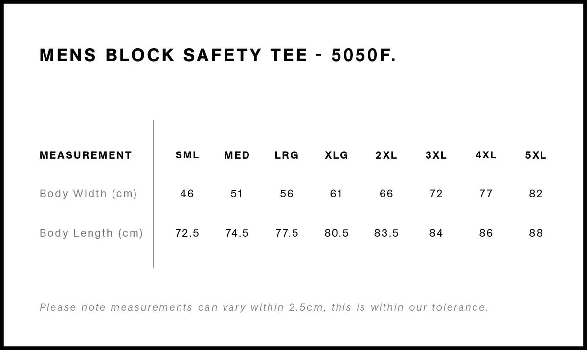 Block Safety Tee 5050F - Size guide