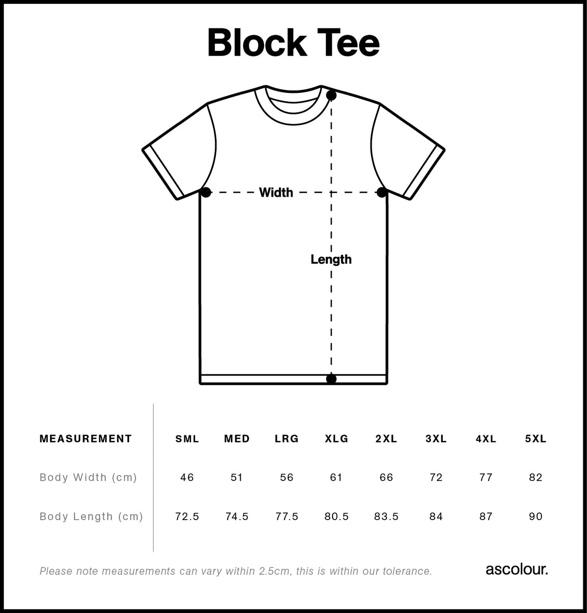 Block Tee 5050 - Size guide