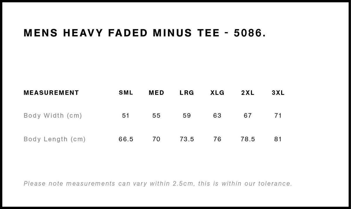 Heavy Faded Minus Tee [-5cm] 5086 - Size guide