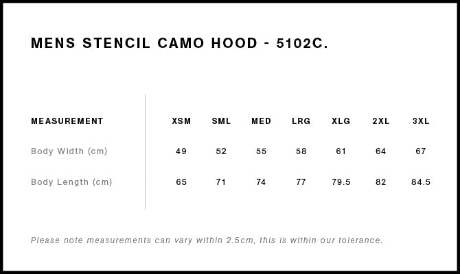 Stencil Camo Hood 5102CS - Size guide